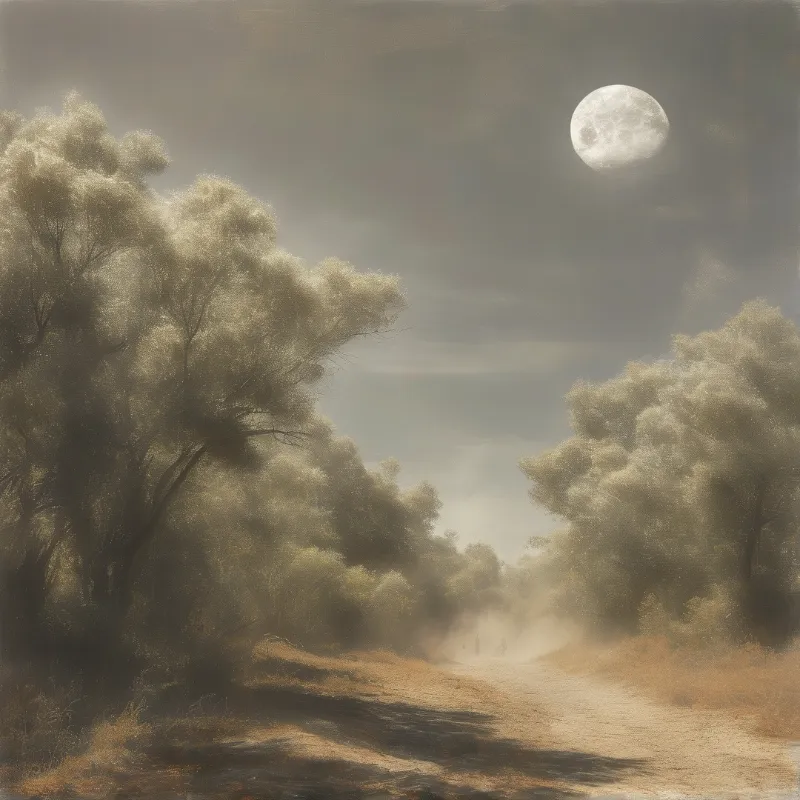 A pale dirt path curves between ghostly trees under a bright moon at night