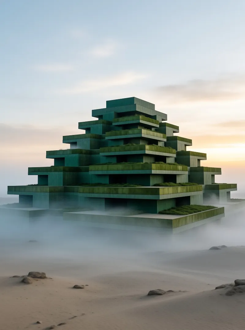 A large tiered building with grassy roofs rises above fog on a sandy shoreline under a soft orange sky.