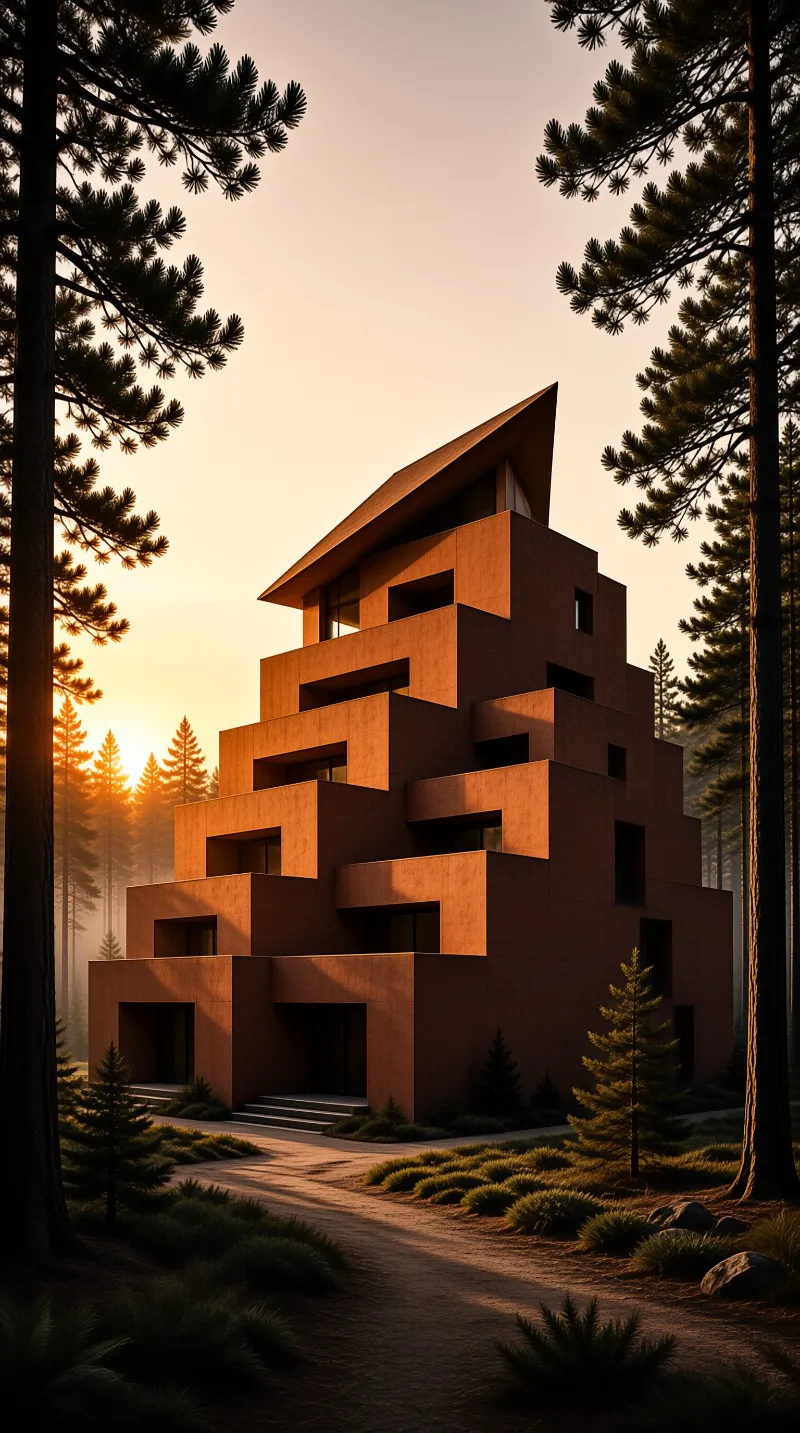 Stepped concrete structure amidst pine trees bathed in warm sunset light and soft mist.