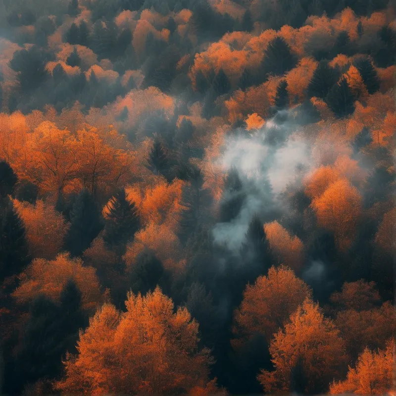 A steep autumn hillside has dark evergreens and bright orange fall trees, with low pale fog drifting across the canopy in soft early light.