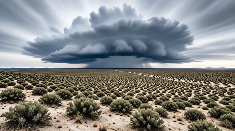 A heavy dark storm cloud hangs over an endless sagebrush desert while rain shafts fall on the flat horizon