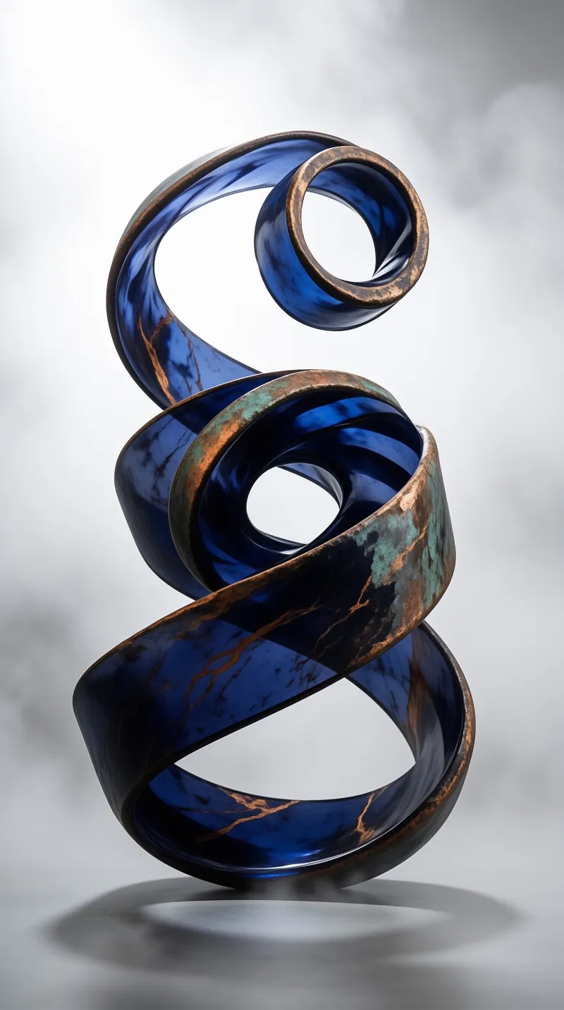 A translucent cobalt band twists into a looping coil edged with weathered copper against a misty grey ground.