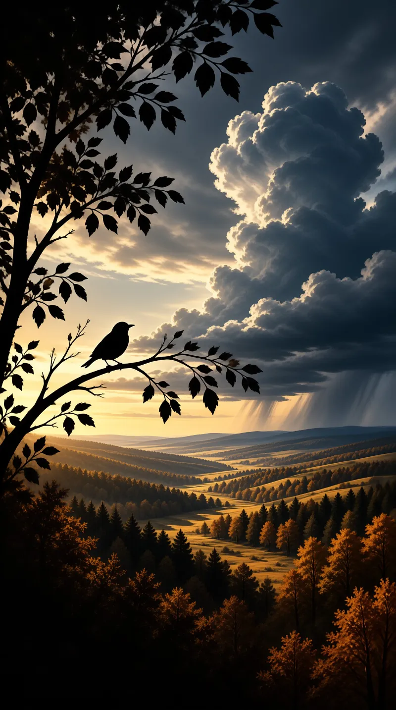 Silhouetted bird on a branch overlooking a wide valley of trees with sun rays breaking through heavy clouds above.