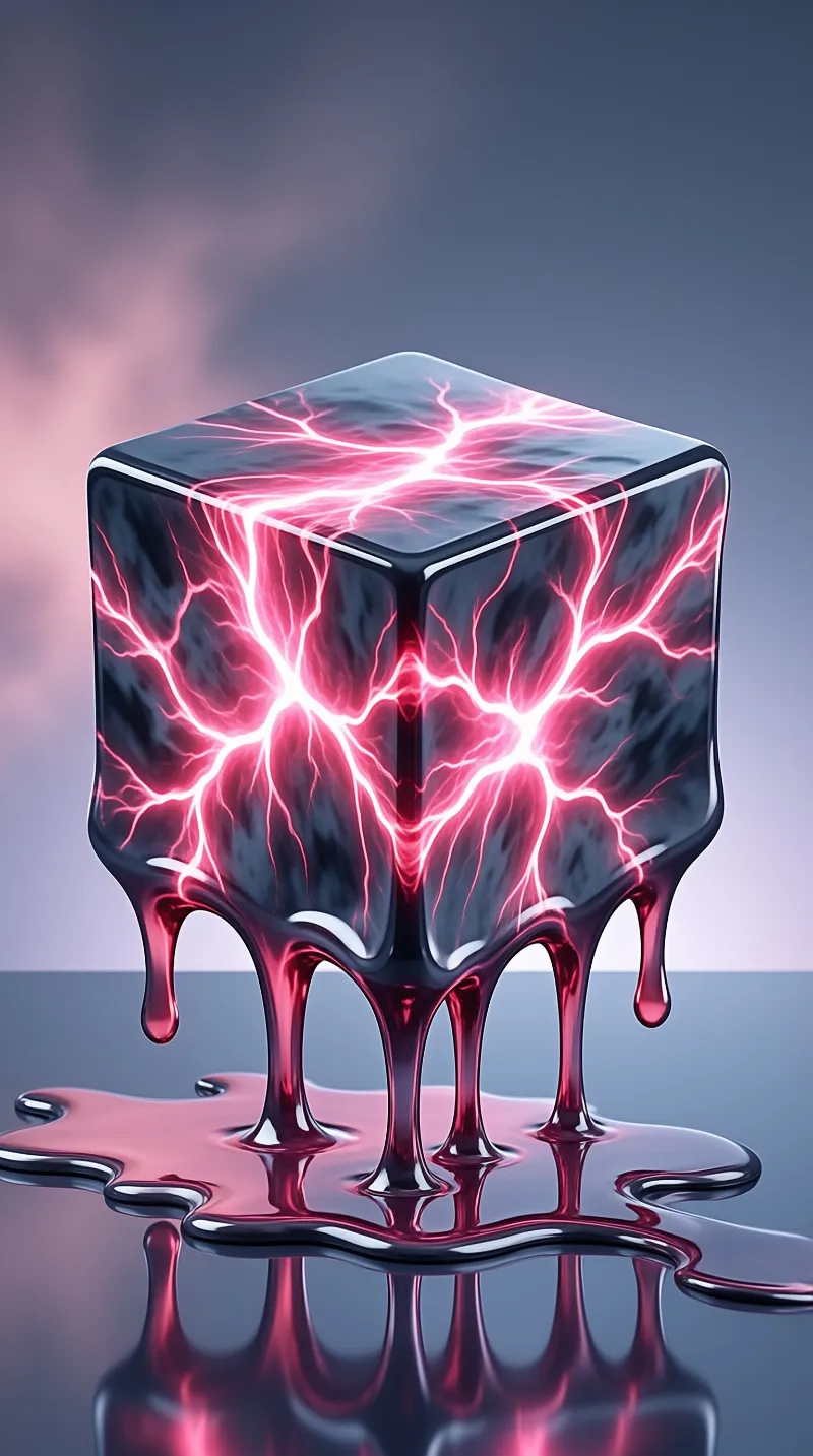 A glossy black block veined with glowing magenta arcs drips crimson liquid into a mirror-like pool below.