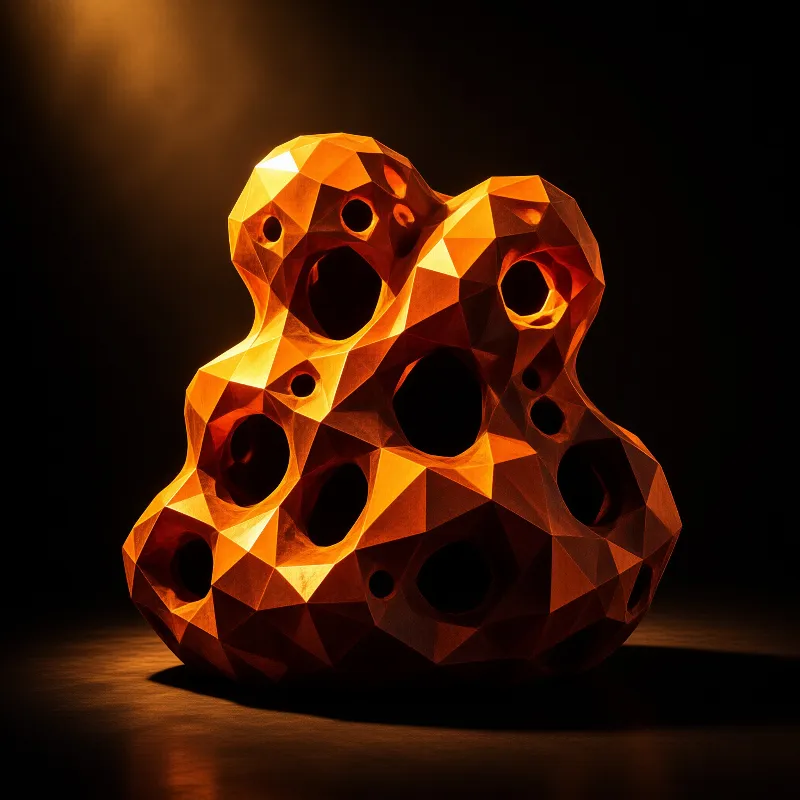 A faceted amber form riddled with round cavities sits on a dark floor under a single warm overhead beam.