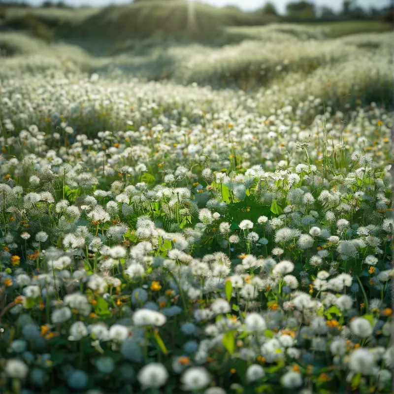 Vast white dandelion seed heads cover a green meadow under bright sunlight with blurred hills in the distance.