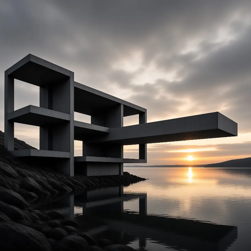 A geometric concrete structure sits on a rocky shore reflecting a golden sunset over calm water.