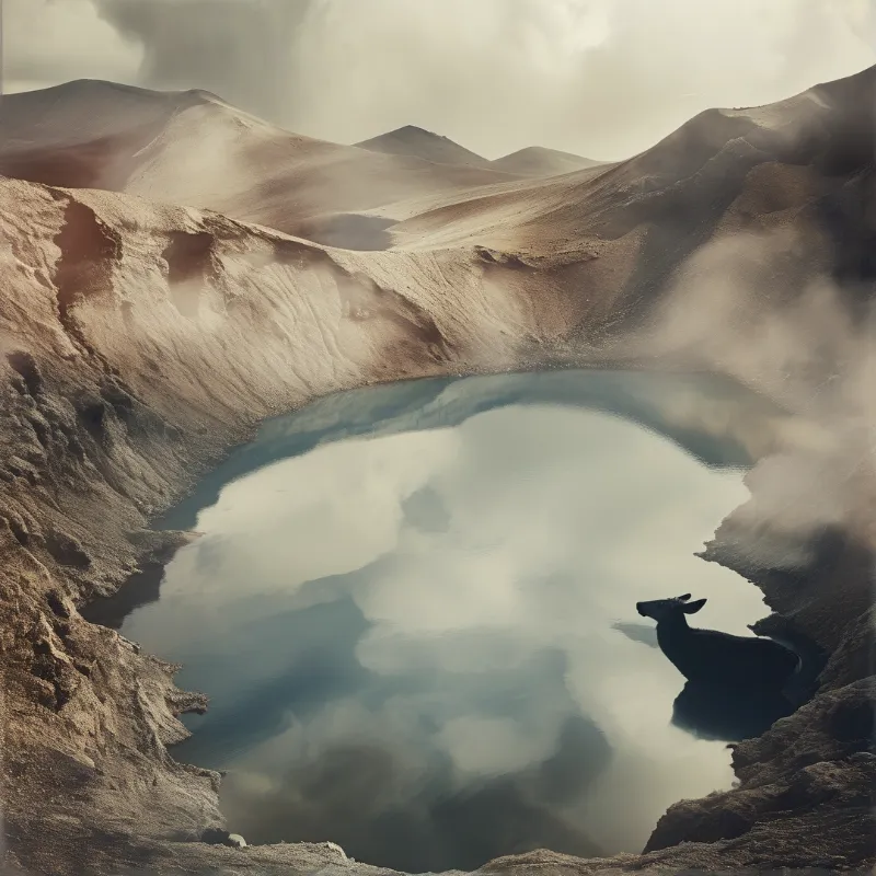 A dark camel silhouette stands in a reflective mountain lake surrounded by misty brown peaks and cloudy skies.