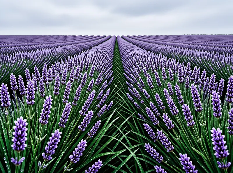 Dew beaded purple flower spikes march in long curved lines toward a flat horizon beneath soft cloud.
