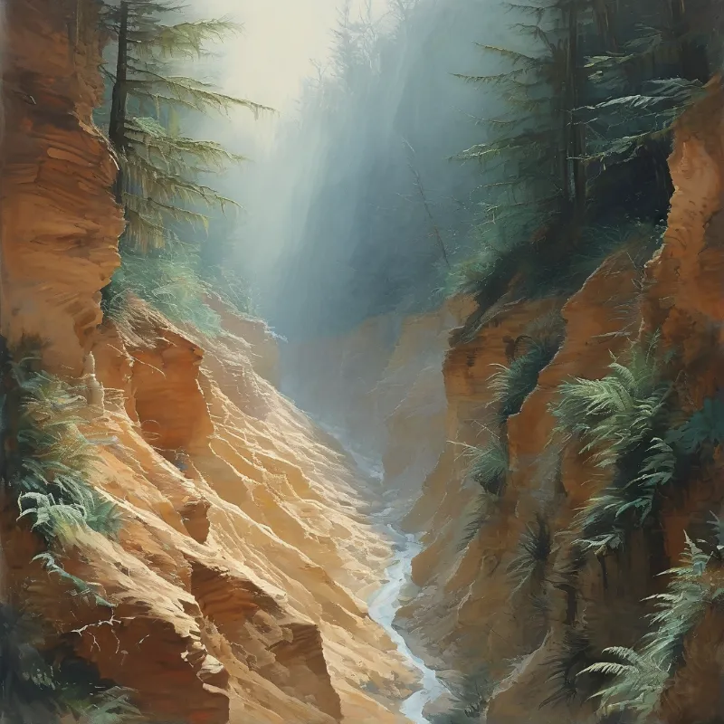 Sunlight streams down a misty canyon filled with tall evergreens and reddish rock walls surrounding a small stream.