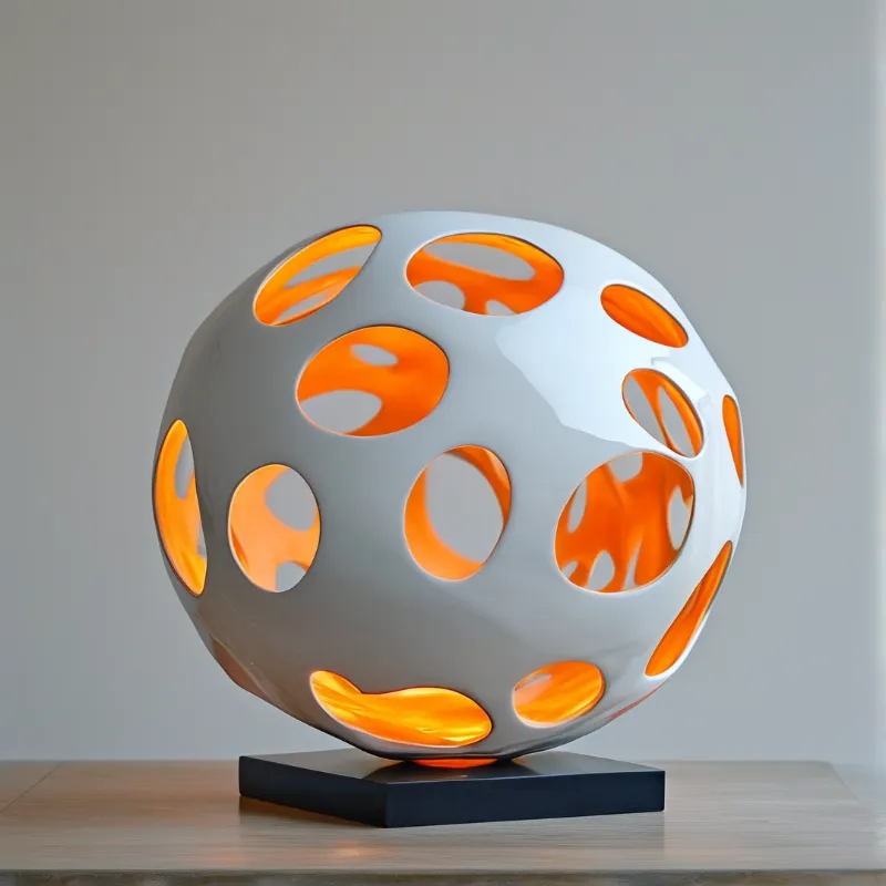 A hollow white sphere with large cutouts reveals a vibrant orange interior while resting on a dark rectangular plinth.