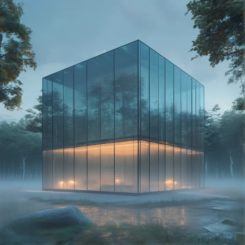 A transparent cube structure glows with warm interior light while surrounded by foggy trees and a reflective water pool.