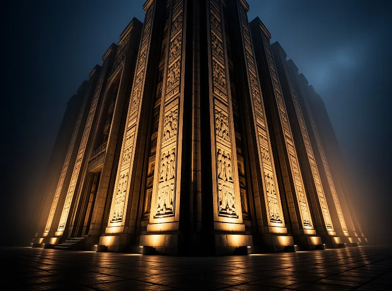 A massive dark building rises out of a tiled plaza, its relief panels glowing amber under ground lights in low fog.