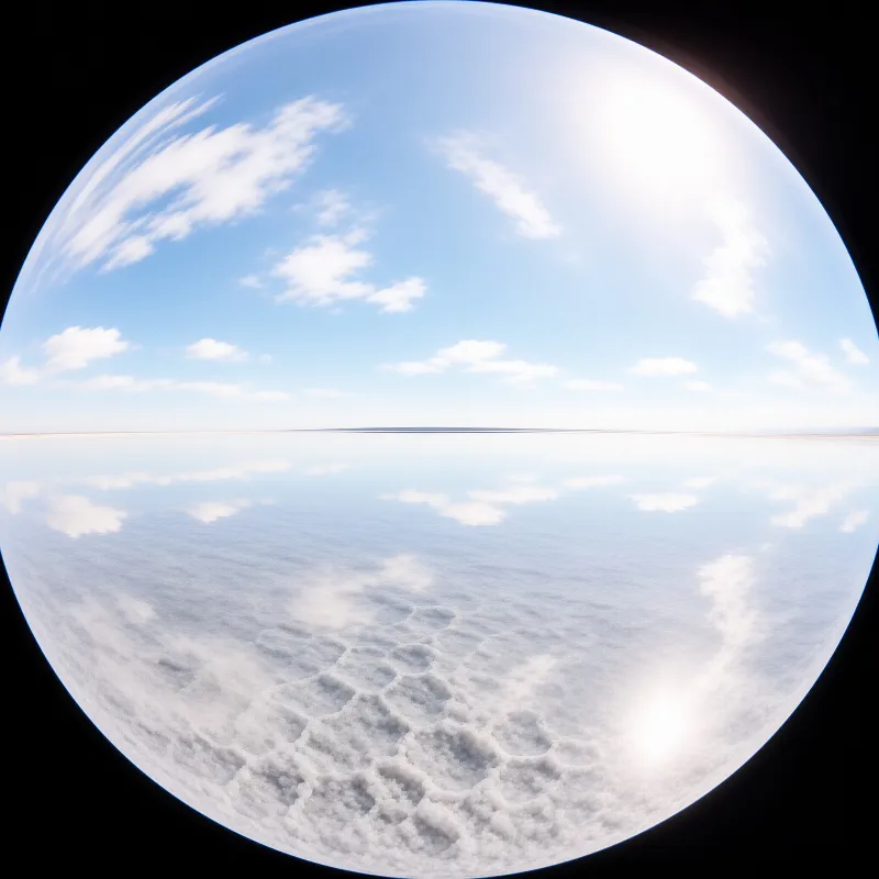 A vast white salt flat stretches to the horizon under a bright blue sky with scattered clouds reflected on the ground.