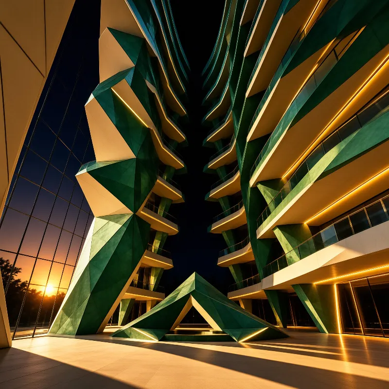 A low angle view captures a futuristic edifice with sharp angles and warm illumination against a darkening sky.