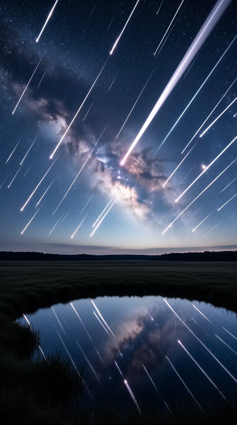 Streaking meteors and the Milky Way arc across a dark sky and mirror perfectly in a motionless pond ringed by grass.