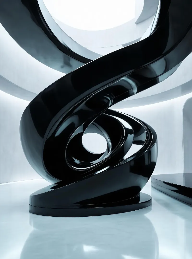 A sleek black abstract sculpture with intertwined spirals sits in a minimalist, bright room with white curved walls and a glossy floor.