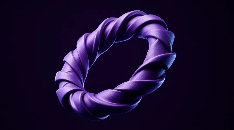 A thick purple fabric band is wound into a twisted ring shape against a shadowy void with soft lighting.