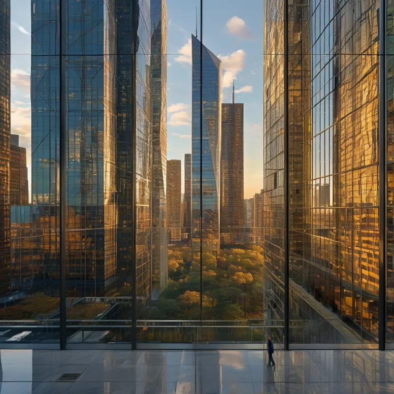 A view of futuristic glass skyscrapers reflecting the warm sunlight on the trees of a central city park below.