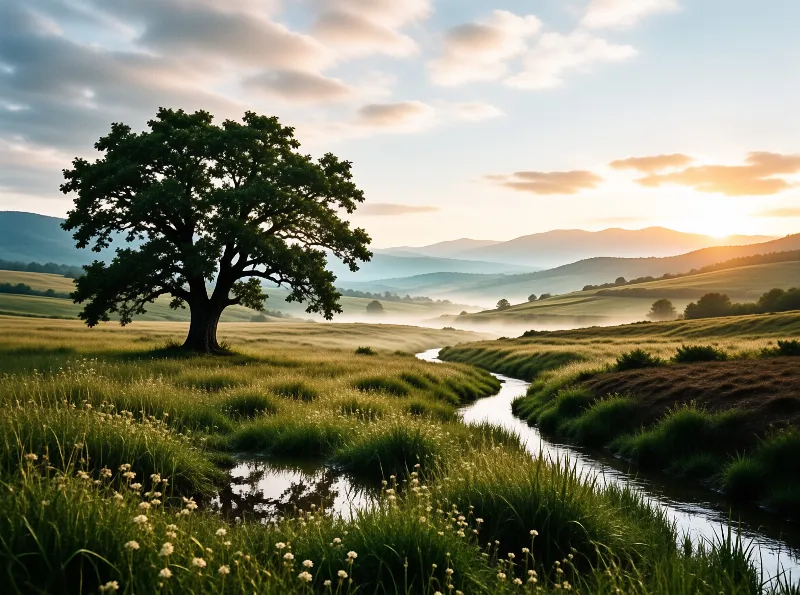 A solitary oak tree stands next to a curving shallow stream in rolling misty grasslands, with warm sunrise light casting a golden glow over distant low mountains.