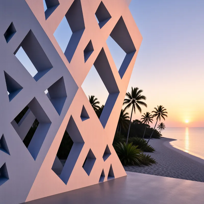 A pastel colored geometric building with angular openings stands on a tropical beach as the sun sets over the ocean.