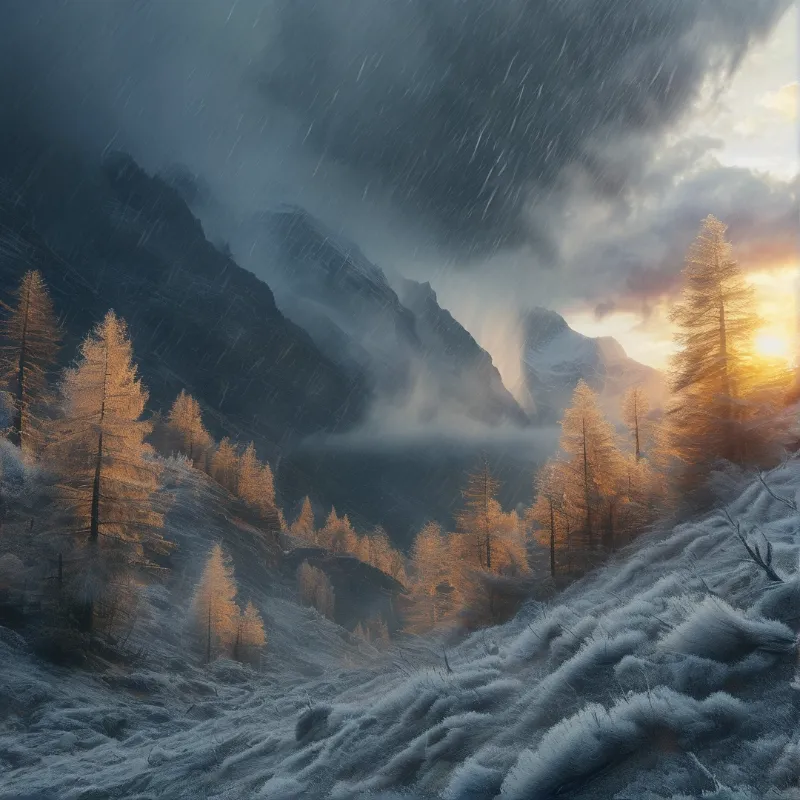 Snowy ground slopes upward toward tall golden trees illuminated by sunlight breaking through heavy clouds.
