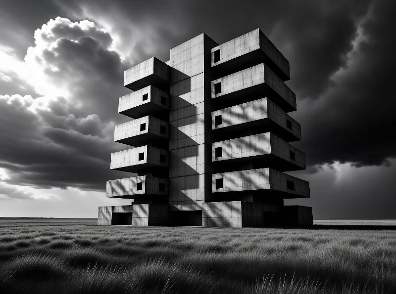 A stark concrete building stands isolated in a vast grassy plain beneath dramatic storm clouds with sharp shadows
