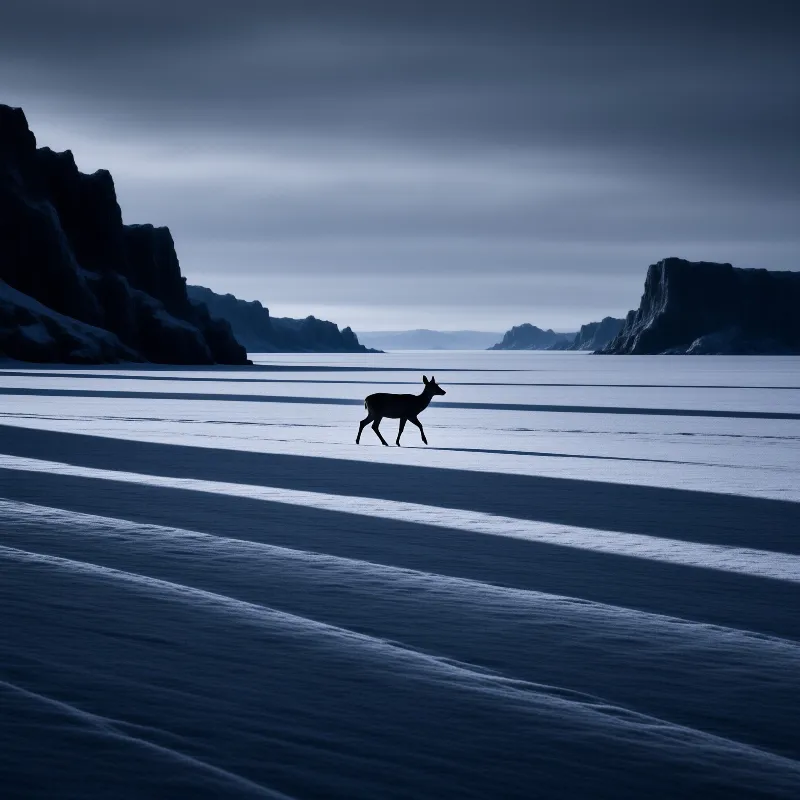 A solitary animal walks across a wide expanse of white ground surrounded by rocky cliffs under a gloomy sky.