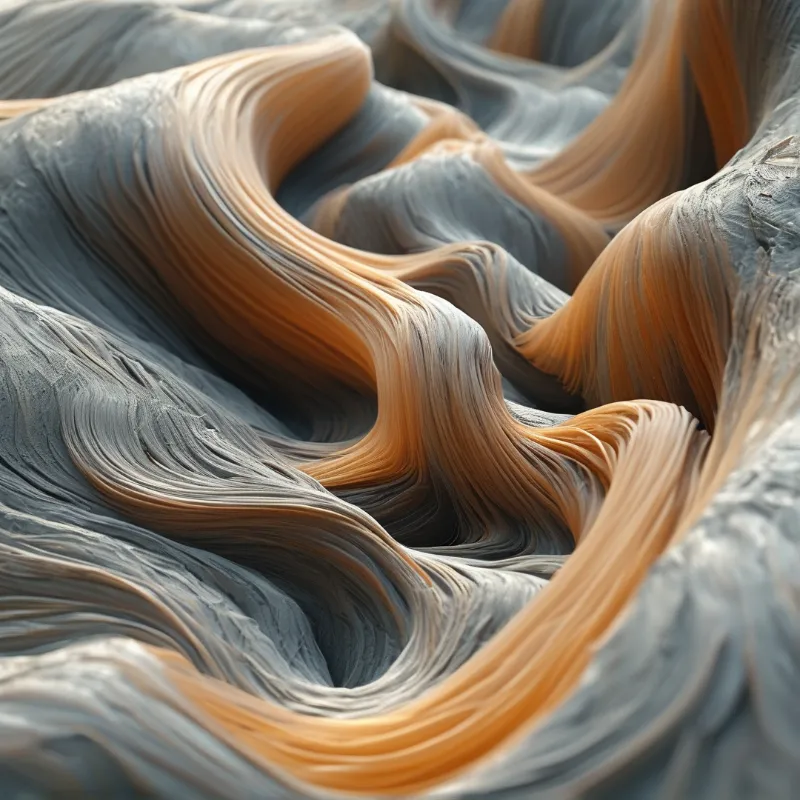 Flowing layers of gray and orange sediment create a dynamic wave like pattern with warm lighting.