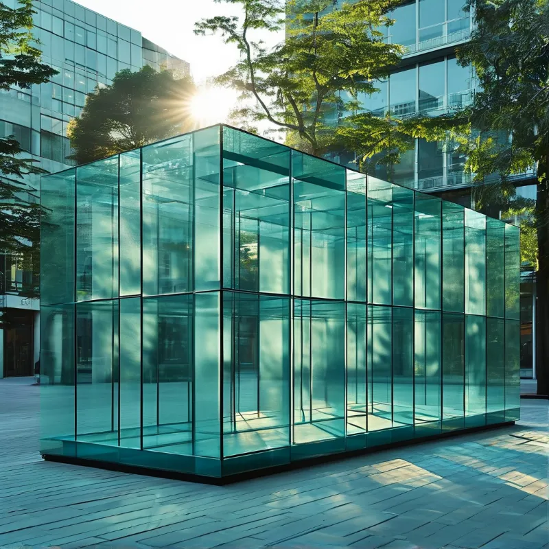 A large transparent teal glass cube sits on a paved plaza surrounded by modern buildings and trees under bright sunlight.