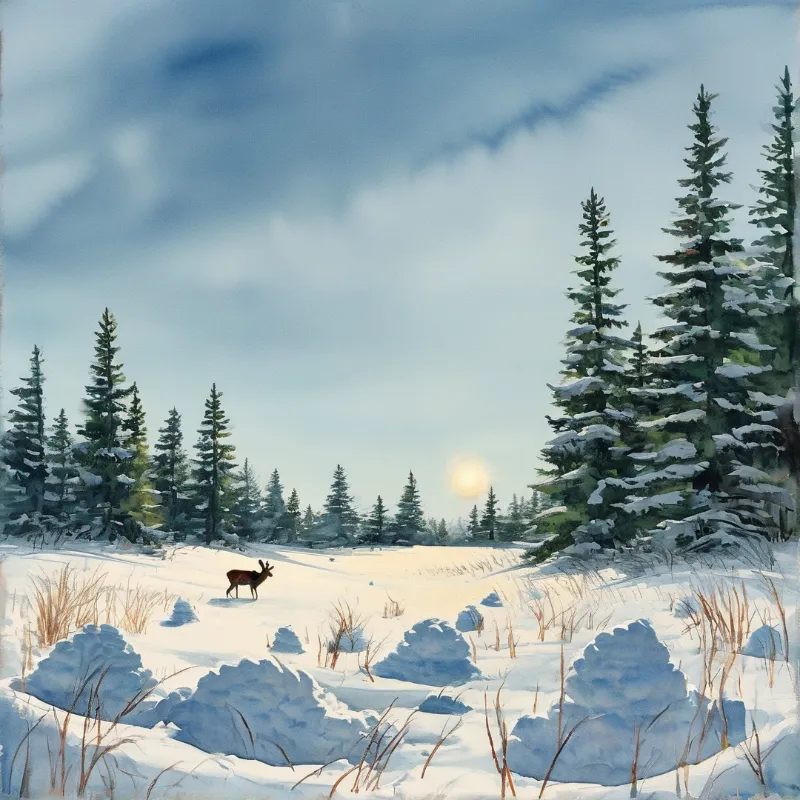 A solitary brown deer stands amidst a vast expanse of white snow, surrounded by tall evergreen trees under a pale blue sky illuminated by a soft, distant sun.