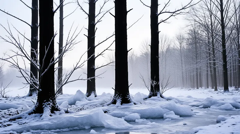 Tall dark trees stand along a frozen stream covered in thick snow under a misty pale sky.