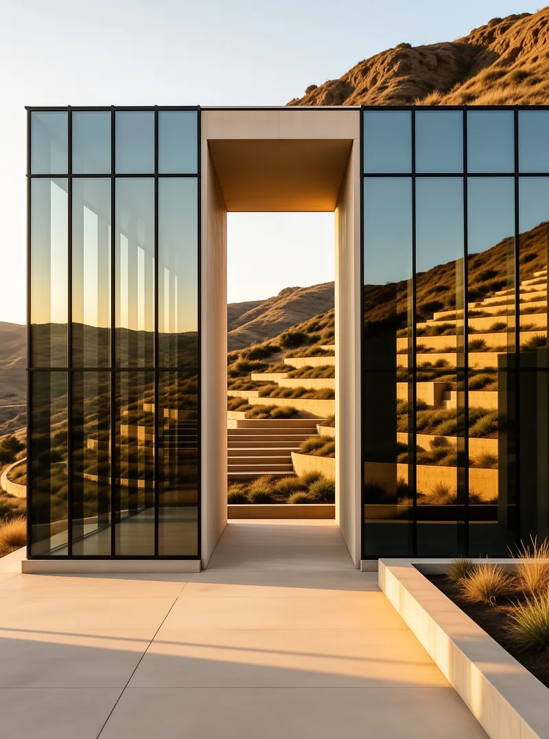 Minimalist desert house with reflective glass walls faces terraced dry hills glowing in warm low sun