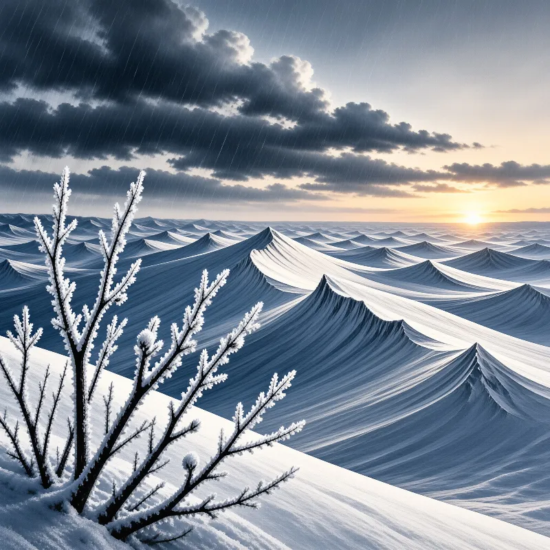 A leafless plant encrusted with ice stands in the foreground while vast snowy hills stretch toward a glowing horizon.
