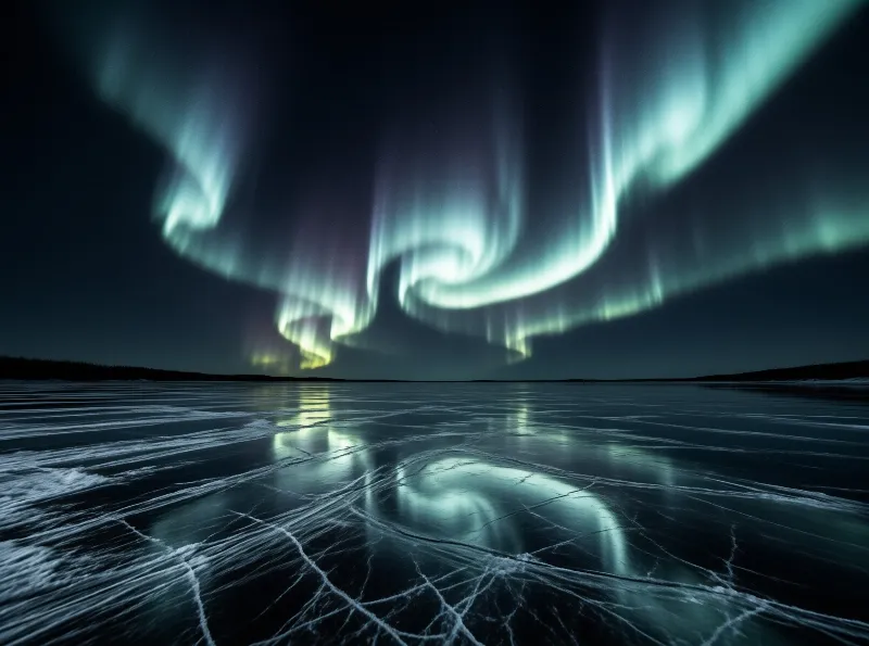 Bright green aurora curtains ripple over a dark frozen lake that mirrors the swirling lights in the night sky.