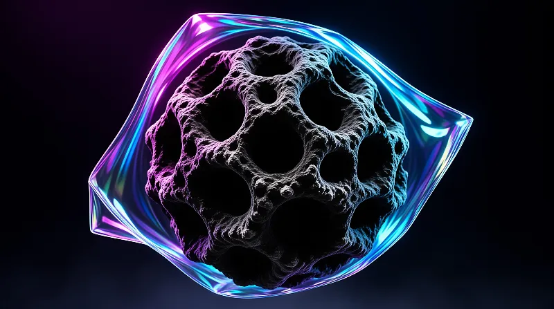 A rippled transparent bubble of violet and cyan glass encases a dark sponge-like lattice pitted with round hollows.