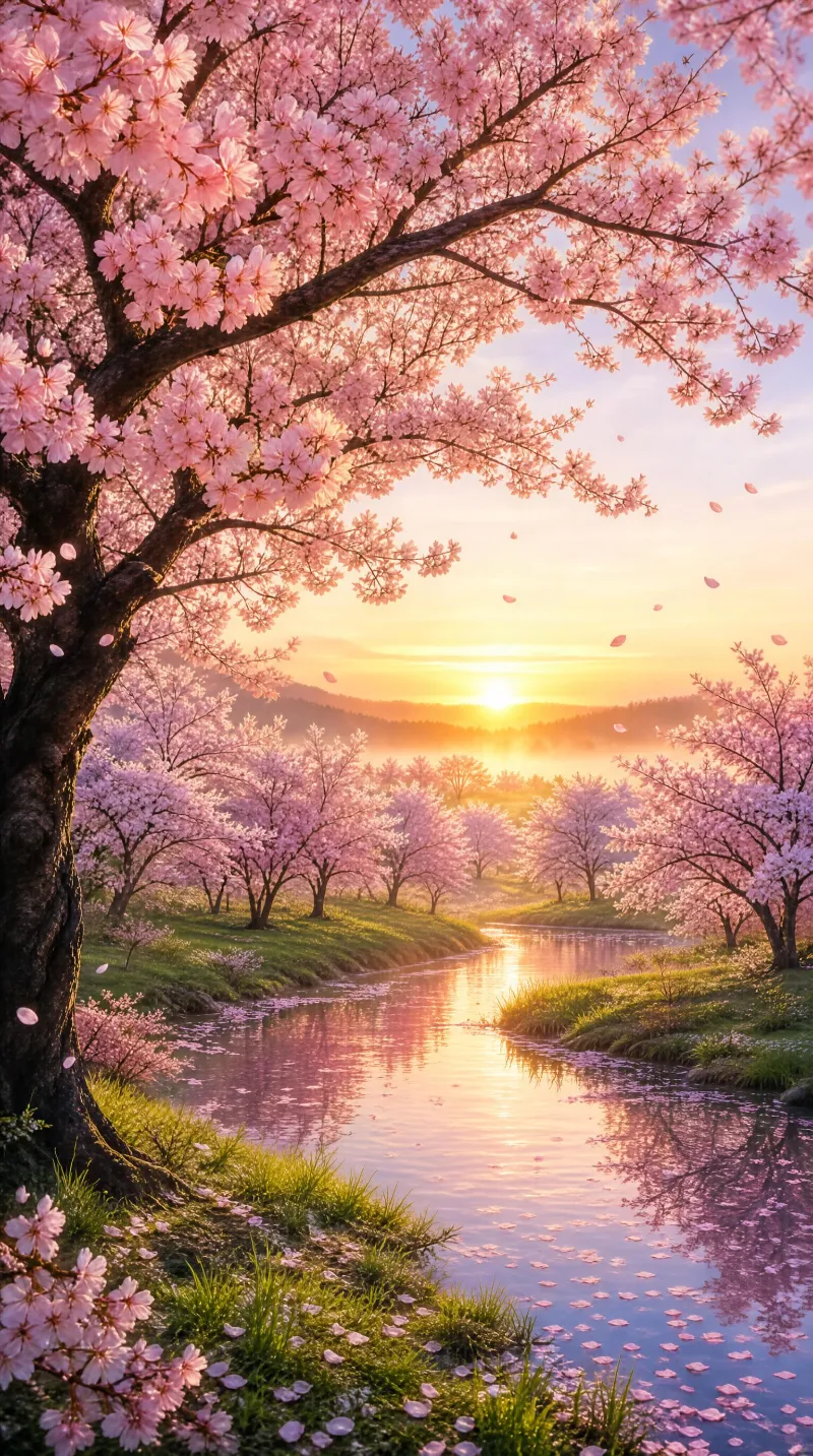 Cherry Blossom River at Sunset