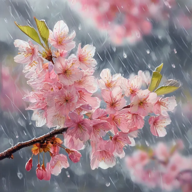 Pink cherry blossoms cluster on a woody branch, with slanted rain streaks and droplets falling across a blurred pastel floral backdrop.
