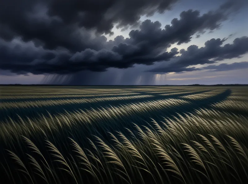 Expansive grain field with bent stalks under dark clouds and distant rain shafts glowing against the horizon.