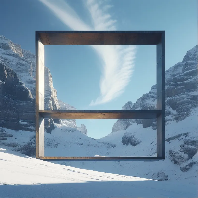 A massive square concrete portal stands in a snowy mountain valley, framing bare peaks and a bright wispy cloud.