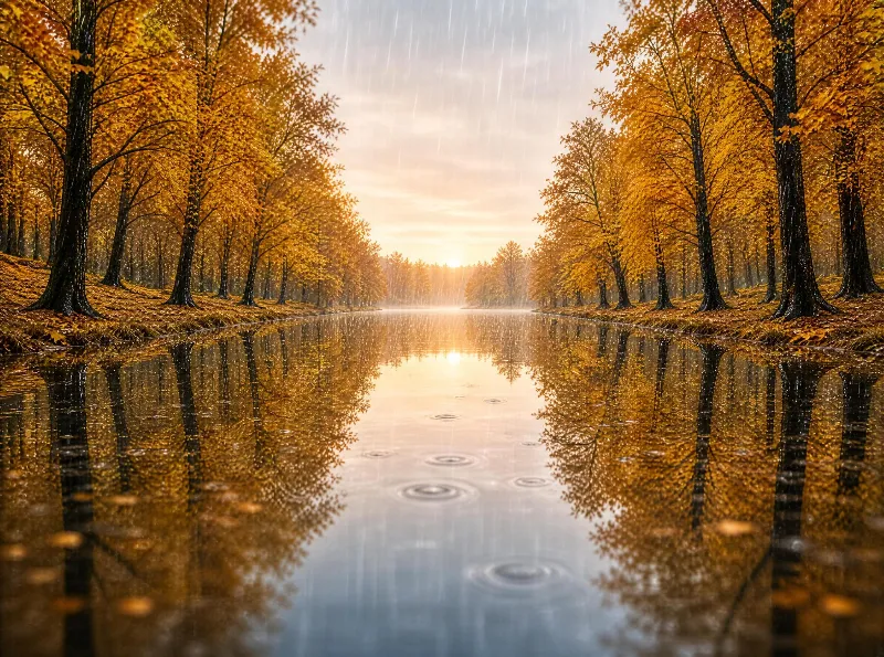 A serene lake surrounded by golden autumn trees during rainfall, with mist rising from the water and the sun setting in the distance.