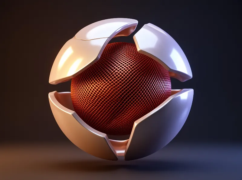 A glossy red mesh orb is held open by four white curved shell pieces under warm light on a dark gradient surface.