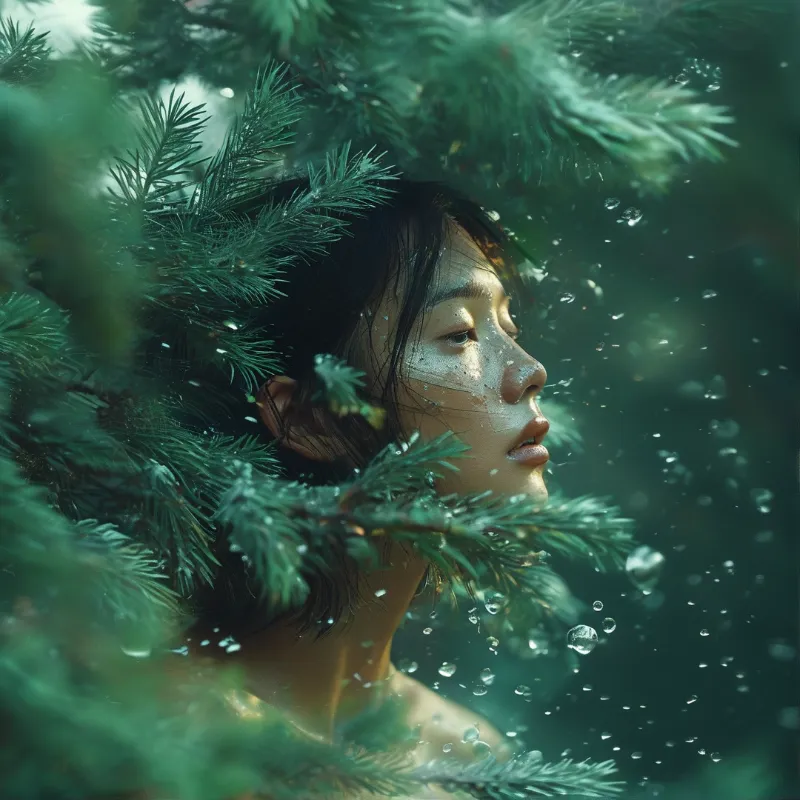 A young person with wet dark hair looks away through surrounding pine needles while floating water droplets catch soft green light.