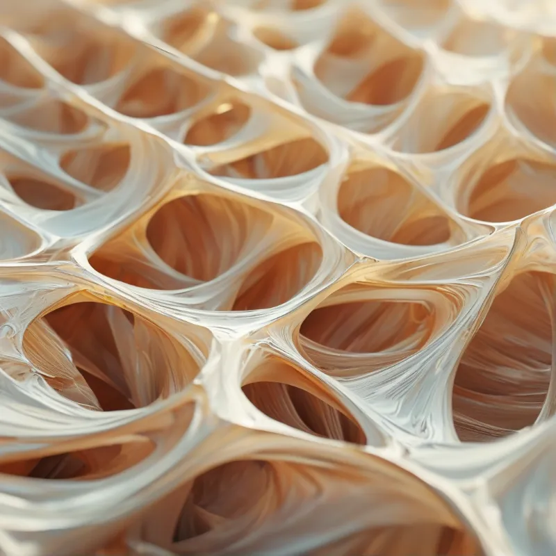 Glossy honeycomb resin lattice with curved open cavities, warm light highlights pale cream ribs against amber hollows.