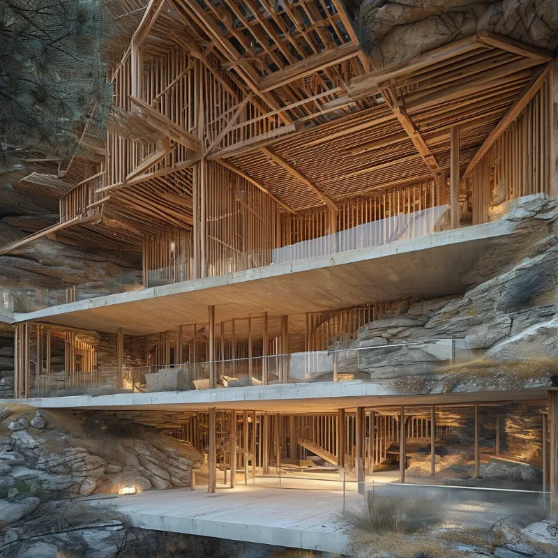 Open wooden frames and slatted roofs stack between slabs of split rock with soft light within