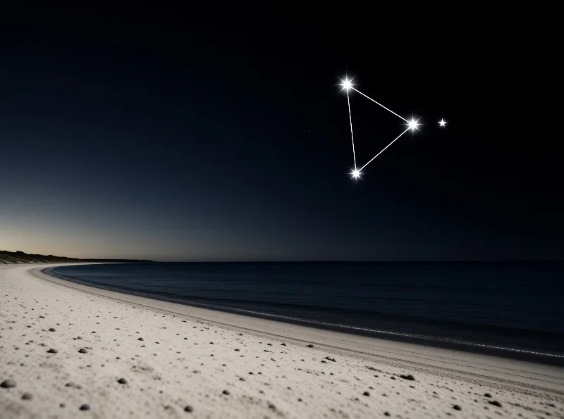 Bright stars joined by thin lines shine over a curved shoreline lit by a faint horizon glow