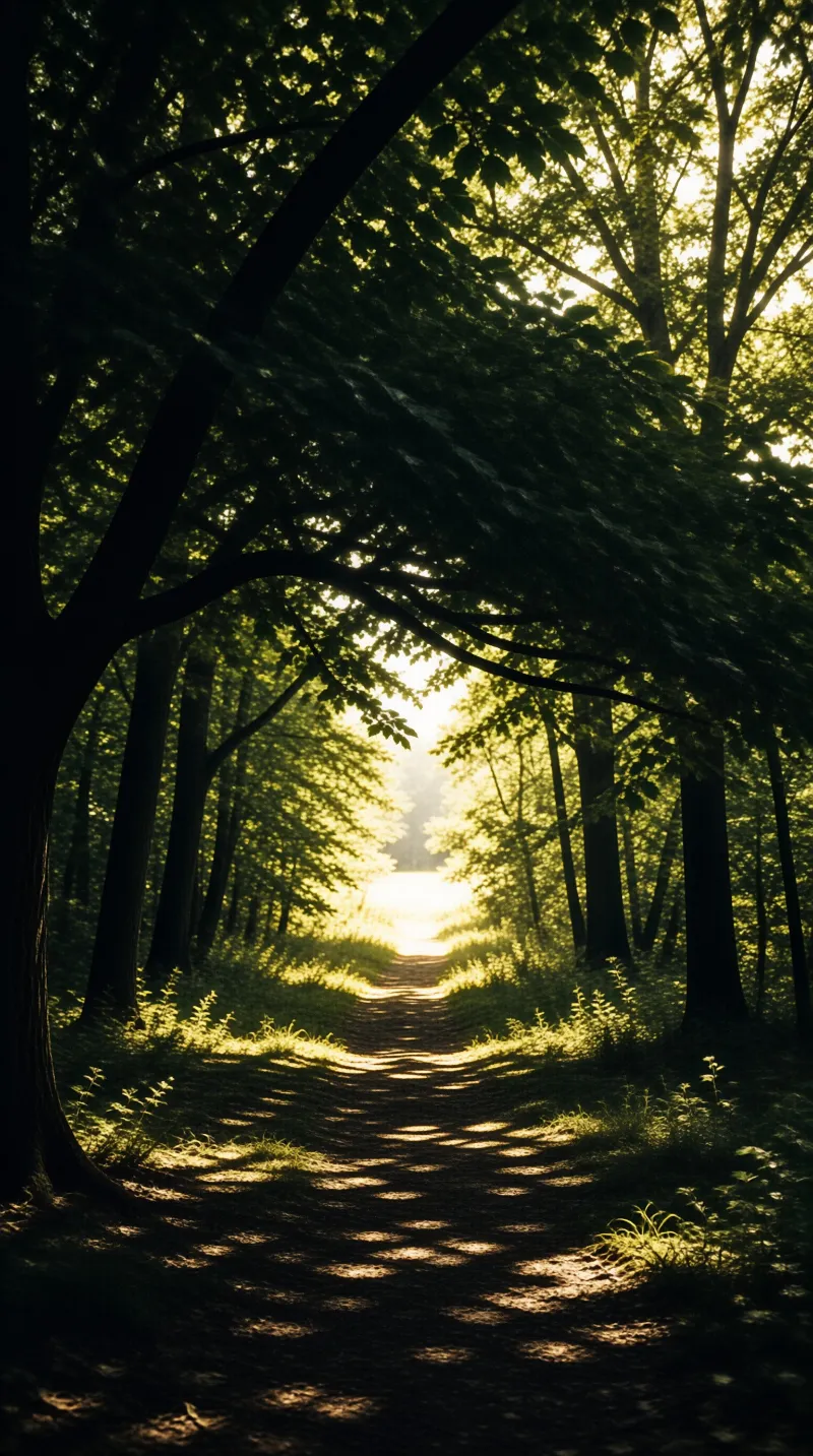 A narrow dirt trail meanders through a dense woodland where sunlight filters through the leaves creating dappled shadows on the ground and a glowing horizon ahead.