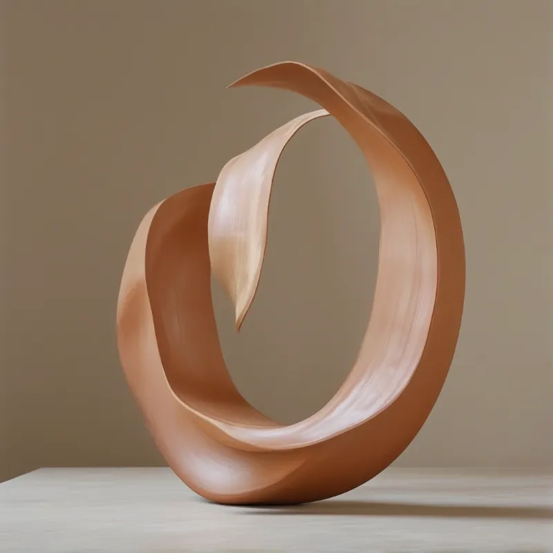 An abstract terracotta sculpture with flowing curves rests on a light wooden table against a neutral beige wall.