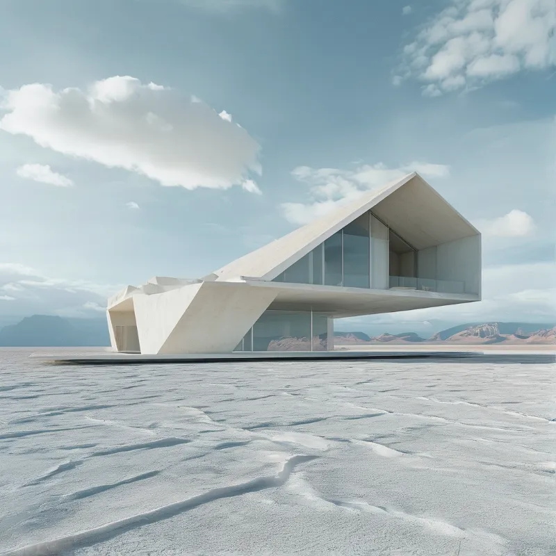 A minimalist concrete villa with floor to ceiling glass windows stands on a rippled pale salt flat under a bright sky with scattered clouds and distant low mountains.