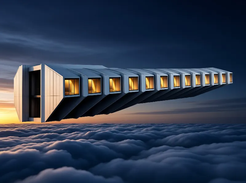 A ribbon of stacked glass rooms stretches over rolling clouds while dusk light warms its glowing windows.
